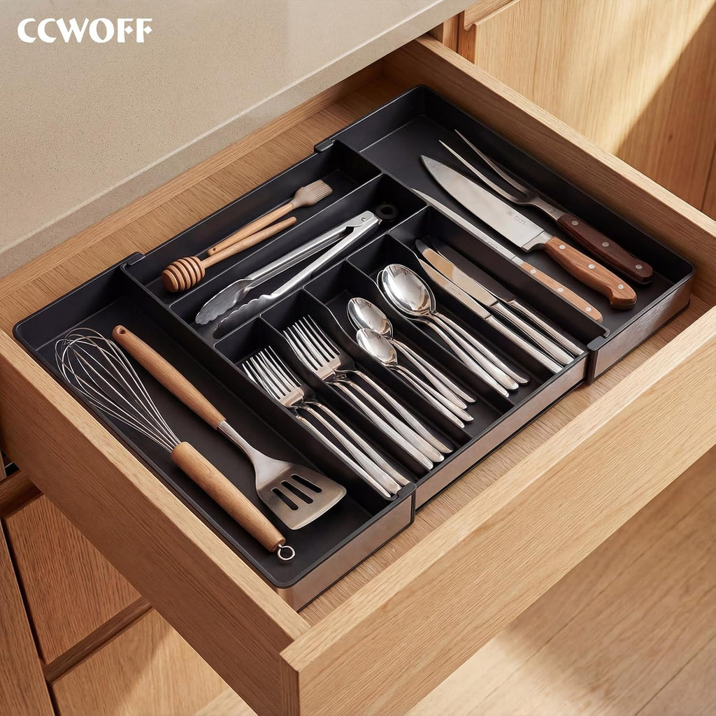 Silverware Drawer Organizer, 9 Slots Expandable Kitchen Drawer Organizer | Extra Large Utensil Holder & Cutlery Tray, Heavy Duty Stainless Steel Frame Flatware Organizer, Non-Slip Feet Included, Black
