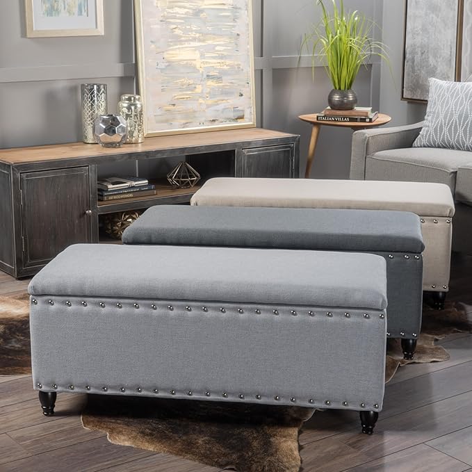 Storage Ottoman Bench,End of Bed Stool w/Safety Hinge & Nailhead Accents,Bedroom Upholstered Footrest,for Entryway,Living Room, Bed Room, Charcoal,42inch