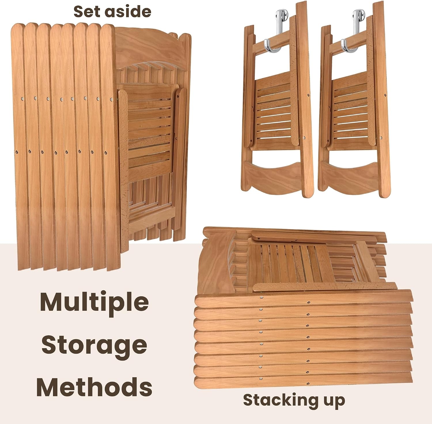 Wood Folding Chairs with Slatted Wooden Seats, Stackable Commercial Seats for Indoor & Outdoor Events, Party, Dining, Set of 2, Slatted Fruitwood