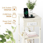 Asgolion Tall End Table with Charging Station, Narrow Tall Side Table | 3 Tier Narrow Tall Nightstand with Storage, Slim Tall Bedside Table for Bedroom, Living Room, Office, Cream White