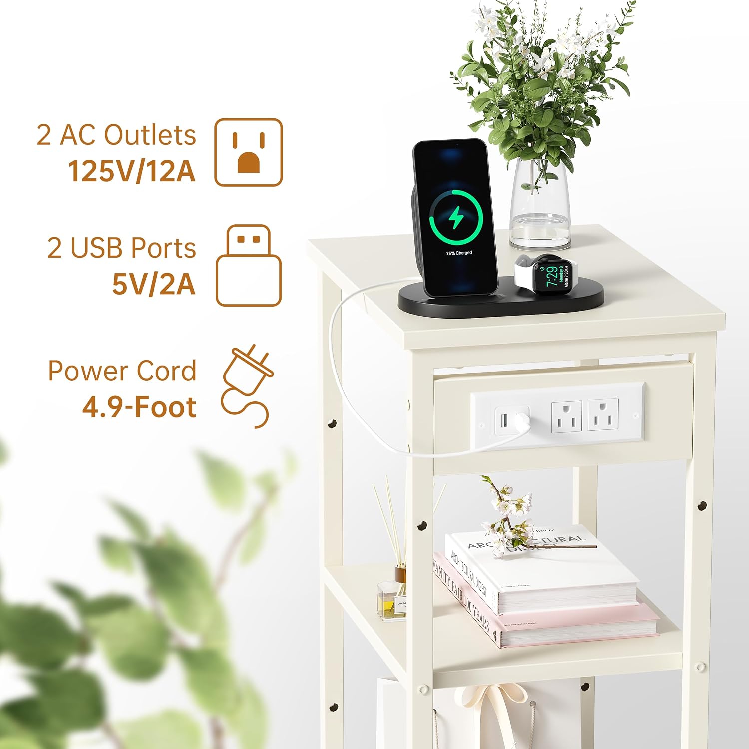 Asgolion Tall End Table with Charging Station, Narrow Tall Side Table | 3 Tier Narrow Tall Nightstand with Storage, Slim Tall Bedside Table for Bedroom, Living Room, Office, Cream White
