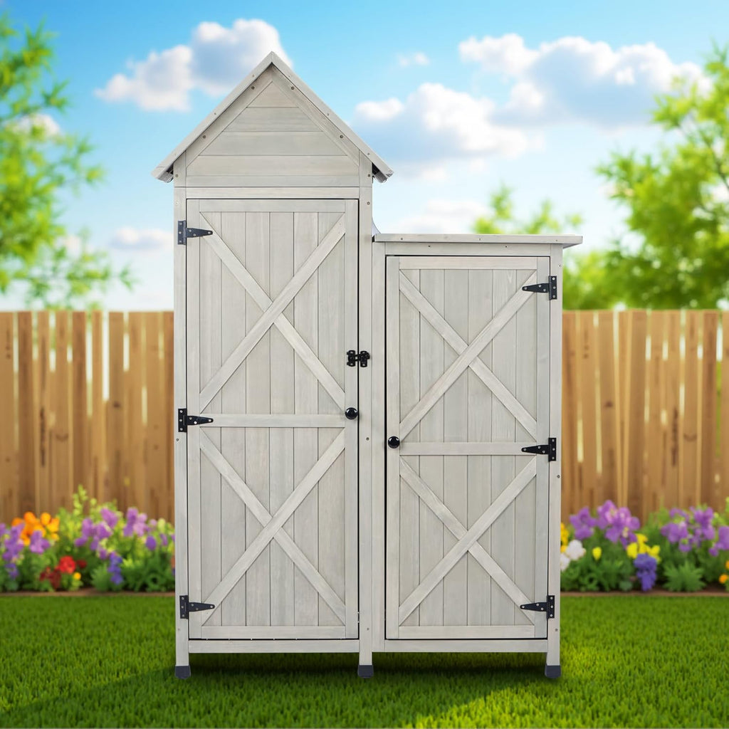 Outdoor Storage Cabinet - Waterproof Metal Roof & Wooden Vertical Design, Tall Garden Tool Shed with Multiple Shelves for Patio, Backyard, Lawn, Yard (Gray, 22" x 46" x 67")