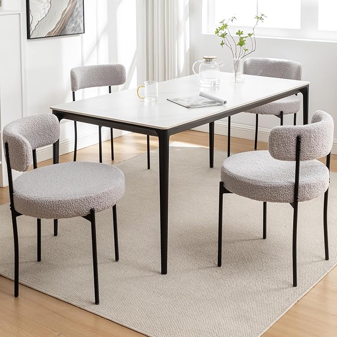 Boucle Dining Chairs Set of 4, Mid Century Modern Dining Room Chairs with Metal Legs, Upholstered Kitchen Chairs for Dining Room, Kitchen (Light Grey)