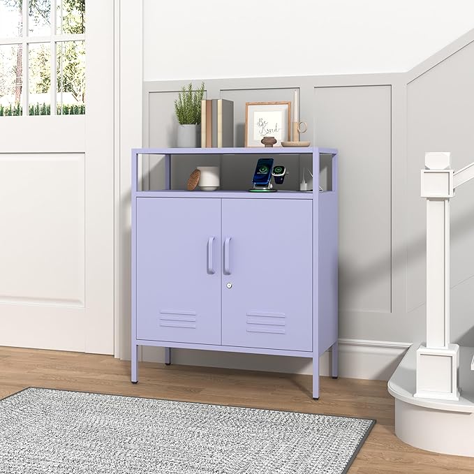 Multifunctional Lockable Storage Cabinet, 3-Tier Side Cabinet with Power Strip & USB Ports, Adjustable Shelf, for Living Room, Home, Office, Purple 33" H X 29.5" W X 13.8" D