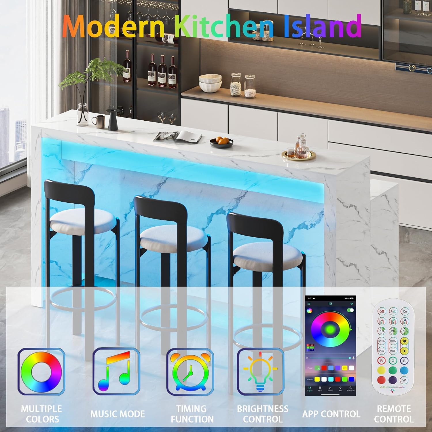 71'' Faux Marble Dining Table for 6 People, 2-Tier Tall Modern Kitchen Island with LED Lights, Rectangle Kitchen Dining Table for Home