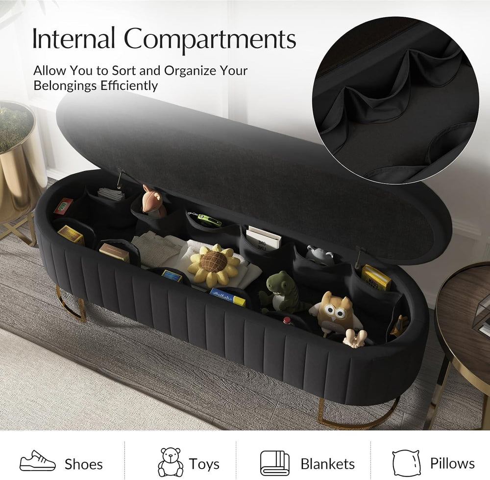 55.5" Velvet Upholstered Storage Bench with Channel Tufted Seat and Meta...