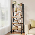 Hoctieon Industrial Ladder Bookshelf, Multifunctional Ladder Shelf, 5-Tier Tall Bookshelf, Open Ladder Shelf Bookcase, for Living Room, Home Office, Kitchen, Bedroom, Metal Frame, Rustic Brown