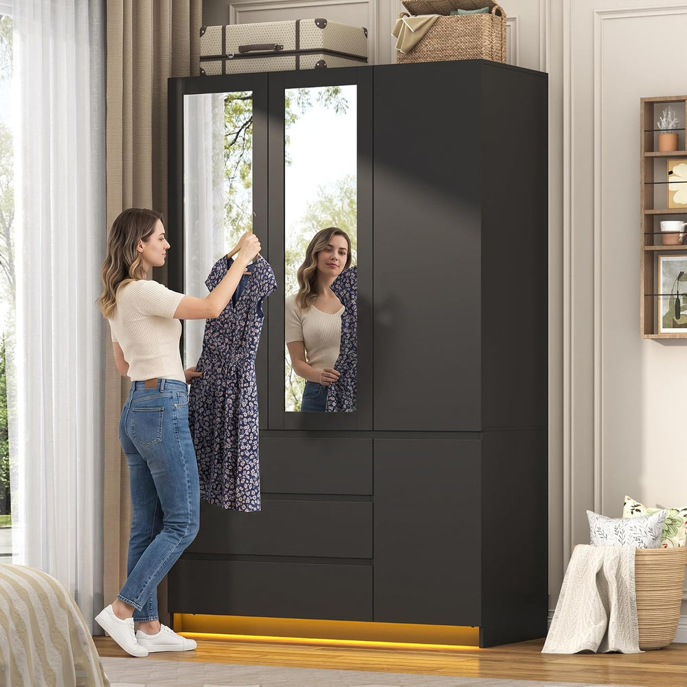 75"H Tall Modern 3 Doors Wooden Armoire Wardrobe Closet with 3 Drawers &...