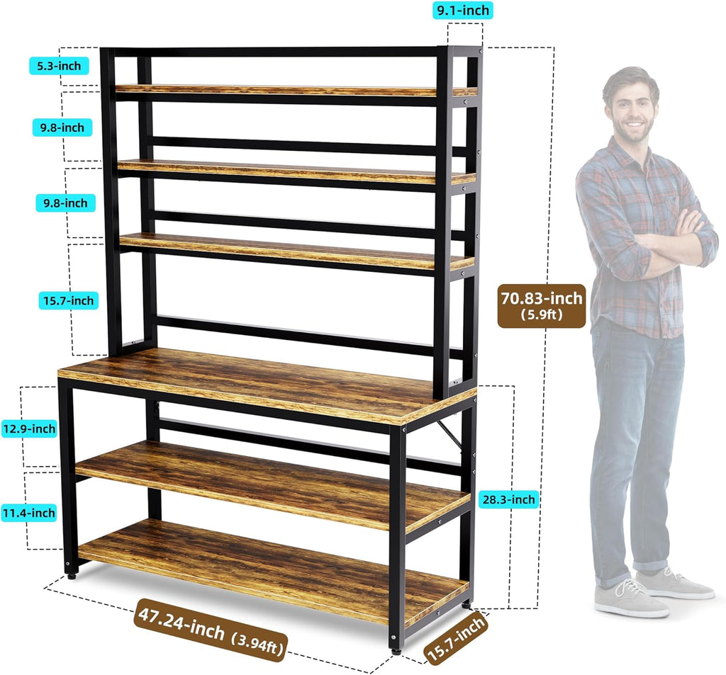 Bakers Racks for Kitchens with Storage, 6 Tiers Large(47.2“W x 15.7”D x 70.8" H) Kitchen Stand with Hutch, Freestanding Organizer with Shelves,Rustic Brown