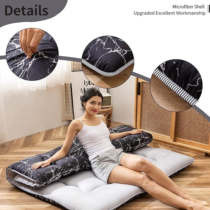 MAXYOYO Japanese Floor Mattress Futon Mattress, 4" Thicken Tatami Mat Sleeping Pad Foldable Roll Up Mat Boys Girls Dormitory Pad Kids Floor Lounger Pillow Bed, Charcoal Grey, Queen Size