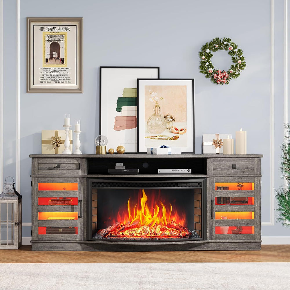 AMERLIFE 70" Fireplace TV Stand with 36'' Curved Electric Firepl...
