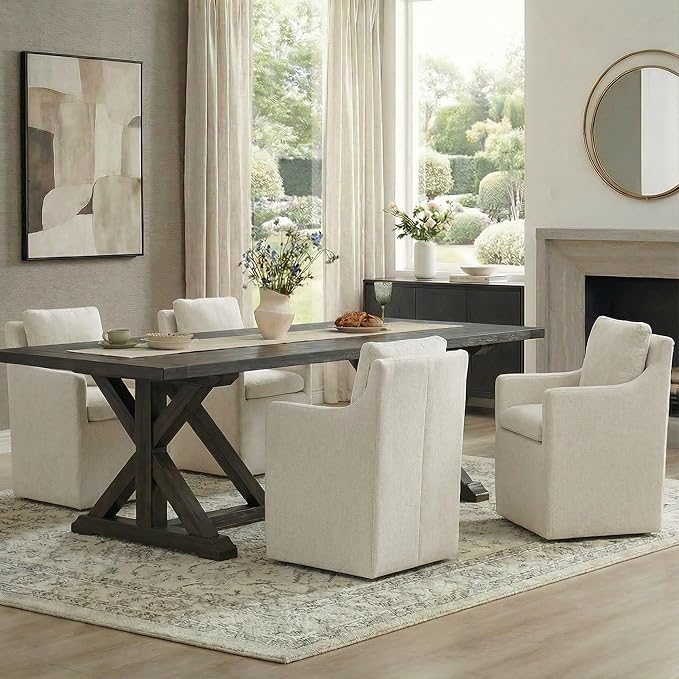 Upholstered Dining Chairs with Casters, No Assembly Modern Accent Armchair with Rollers for Dining Room, Bedroom, Living Room, Reading Room, Already Assembled, Beige, 4 Box
