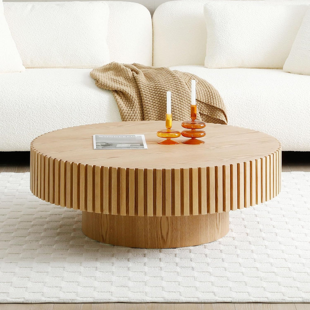 Round Coffee Table with Fluted Design, Wood Oak