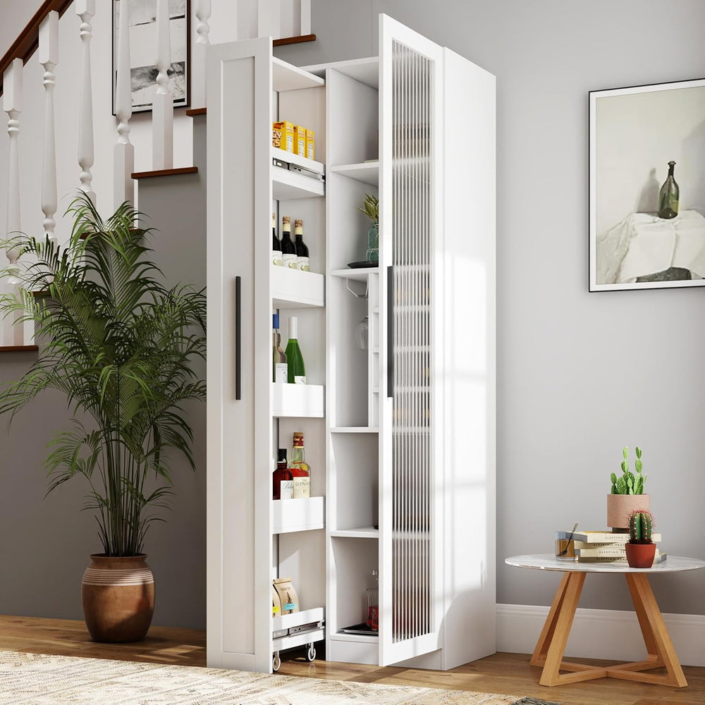 White Farmhouse Pantry Cabinet with Pull Out Shelf & Glass Door, Multifun...