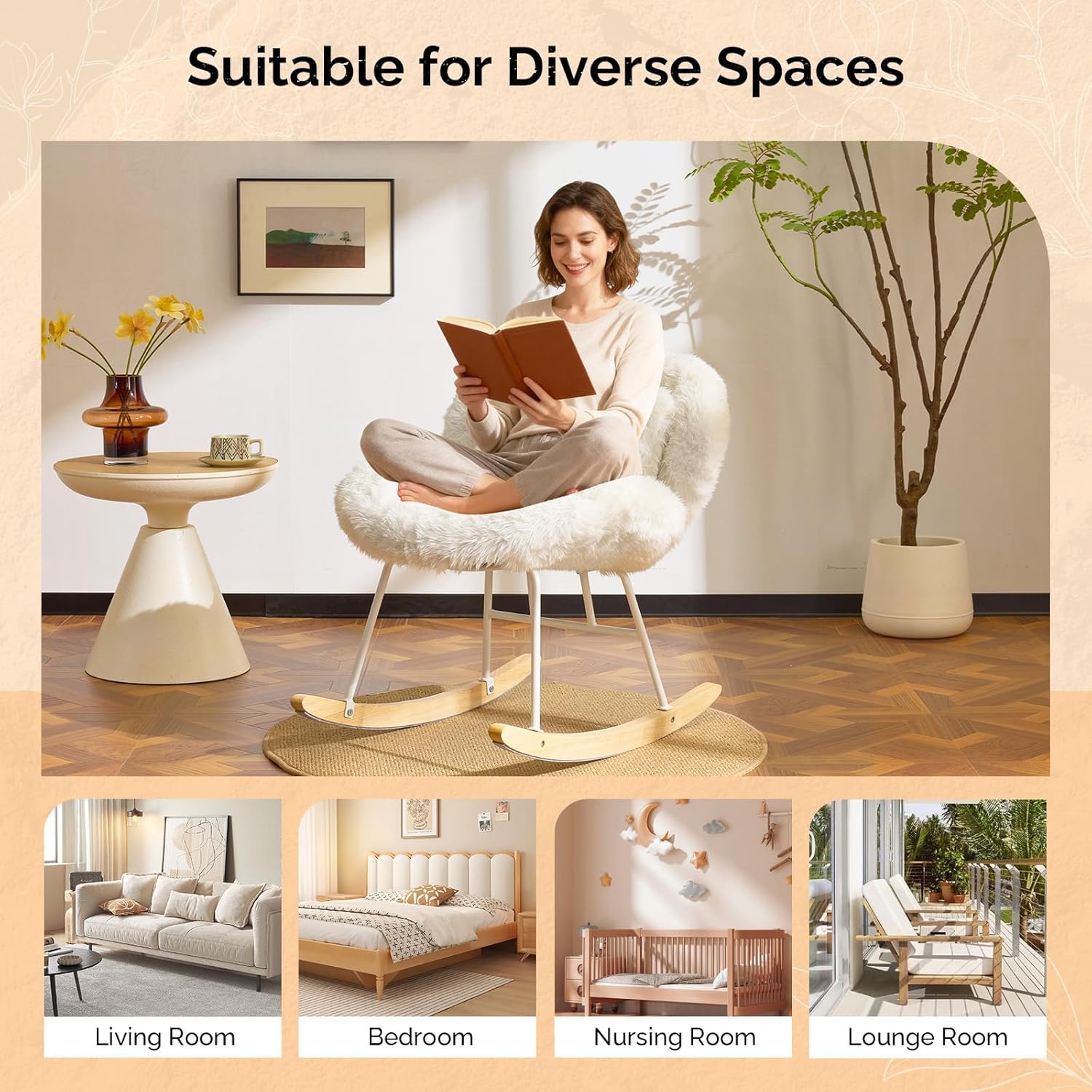 VINGLI 25.6" Extra Wide Criss Cross Nursery Rocking Chair,Cute Curved 115° Reclining Armless Glider,Plush Small Rocker w/Pillow & Solid Wood for Indoor,Bedroom, Living Room,Fluffy Fleece,White