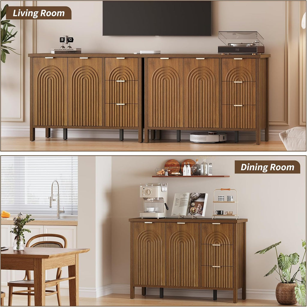 Sideboard Buffet Cabinet with Storage - Fluted Accent Coffee Bar Cabinets Kitchen Credenza with Drawers & Doors, Wood Console Side Board with Adjustable Shelf for Living Room Entryway, Walnut
