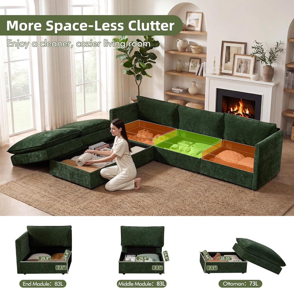WorthFurni Modular Sectional Sofa with Storage Ottomans,103" U-Shaped Cl...