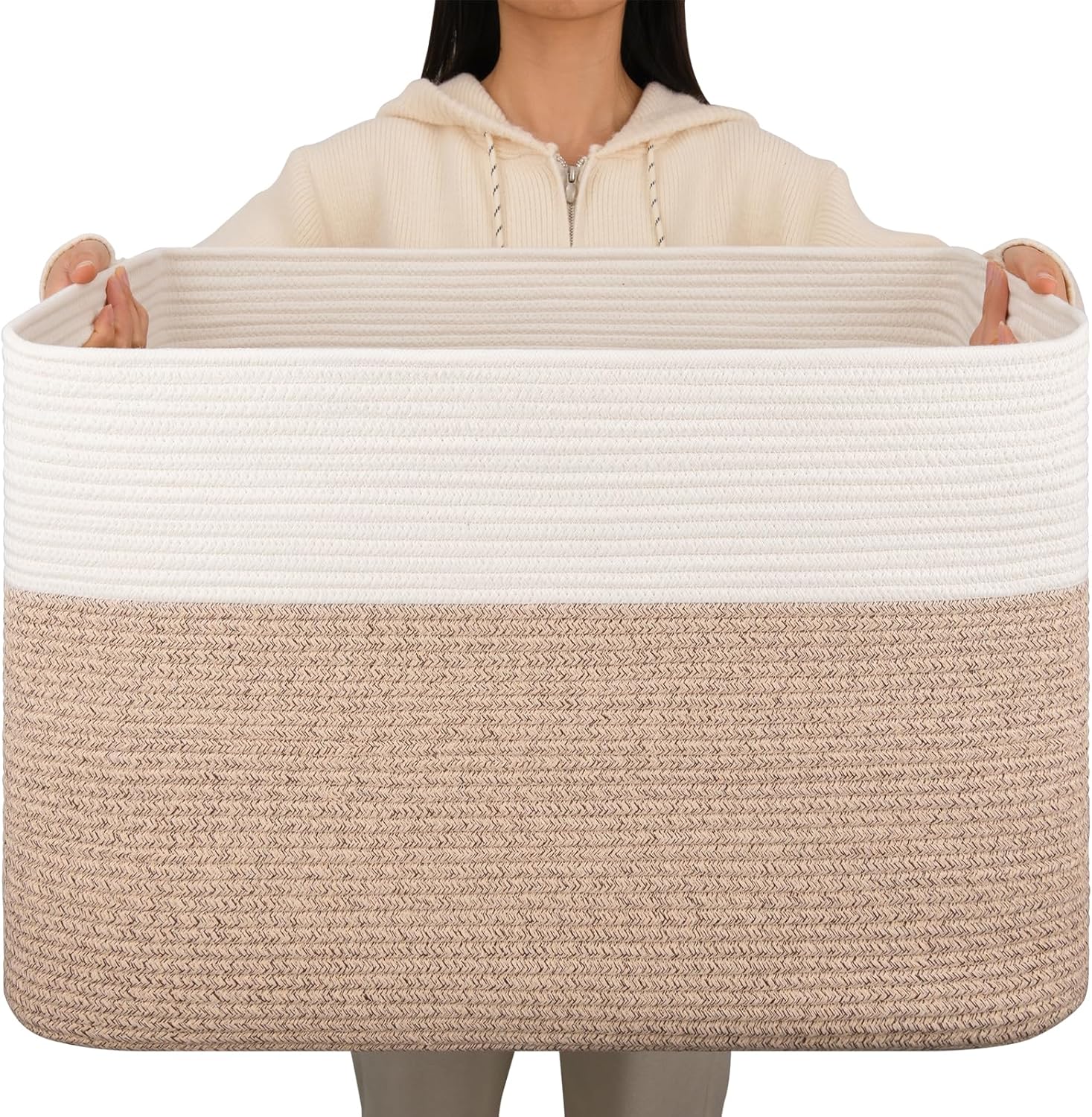OIAHOMY 108L Extra Large Blanket Basket, 25”x16”x16” Laundry Basket, Blanket Storage for Living Room, Dog Toy Storage with Handle - Brown & White
