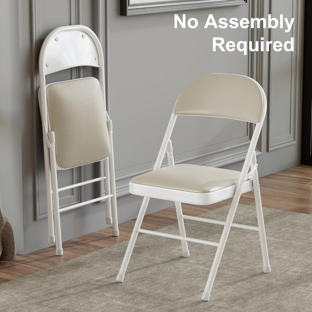 VECELO Folding Chairs Set of 2, Faux Leather Padded, Beige | Folding chairs w...