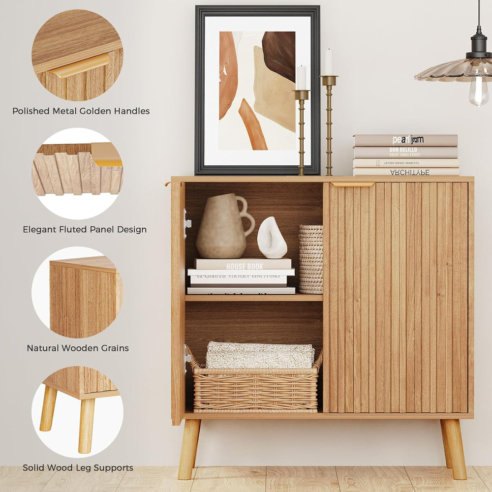 Fluted Storage Cabinet, Buffet Cabinet with Storage, Wood Sideboard with Adju...