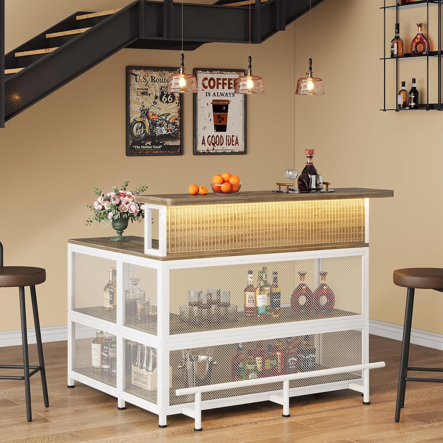 L-Shaped Home Bar Unit, Bar Table with Storage, Brown & White | Wine Glasses Holder and LED Light, Kitchen & Dining Counter Tables for Home, Pub
