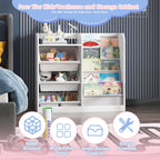 White Kids Wood Bookshelf Toy Storage Box Organizer Shelf W/4 Removable Plastic Toy Bins Children Bookcase Toddler Baby Sling Book Rack Cabinet Chest Girl Boy Gift Playroom Classroom Bedroom Nursery