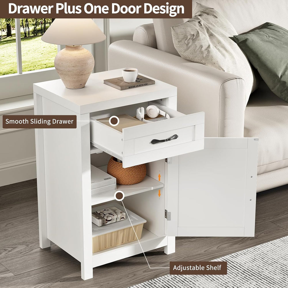 White Nightstand with Drawer, Farmhouse End Table with Storage Cabinet and Ad...