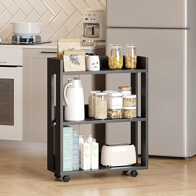 ALISENED Small Bookshelf and Bookcase, 3 Tier Wood Nightstand with Wheels, Modern Bedside End Table with Storage Rack for Bedroom, Library, Living Room, Home, Office Cart, Black
