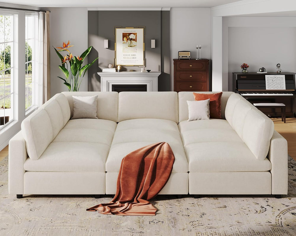 VANOMi Sectional Sofa with Convertible Sleeper Modular Couch,Chenille,Beige |...