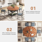 VFK 47.2"-63" Extendable Round Dining Table Set for 4–6, Solid Wood & Metal Table with Wine Rack Storage Shelf, Walnut Kitchen Furniture with 4 Upholstered Chairs (Storage Table and 4 Black Chairs)