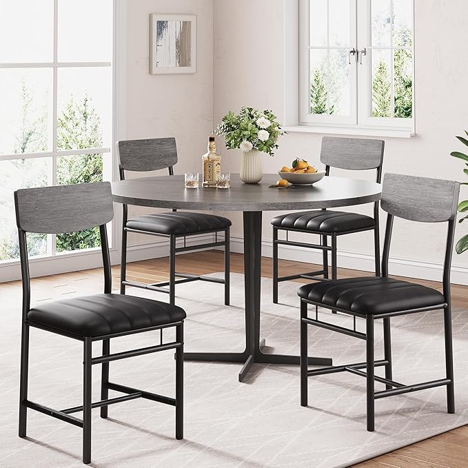 Industrial Dining Chairs Set of 4 - Upholstered Dining Room Chairs with PU Leather, Kitchen Chairs with Wooden Backrest and Thickened Metal Legs, for Dining Room, Living Room（Gray）
