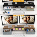 Dual Monitor Stand Riser with 2 Drawers - 39Inch Large Storage Computer Monitor Stands for 2 Monitors, Wooden Desktop Organizer Perfect for Home Office Desk, Computer, Laptop, TV, Rustic Brown