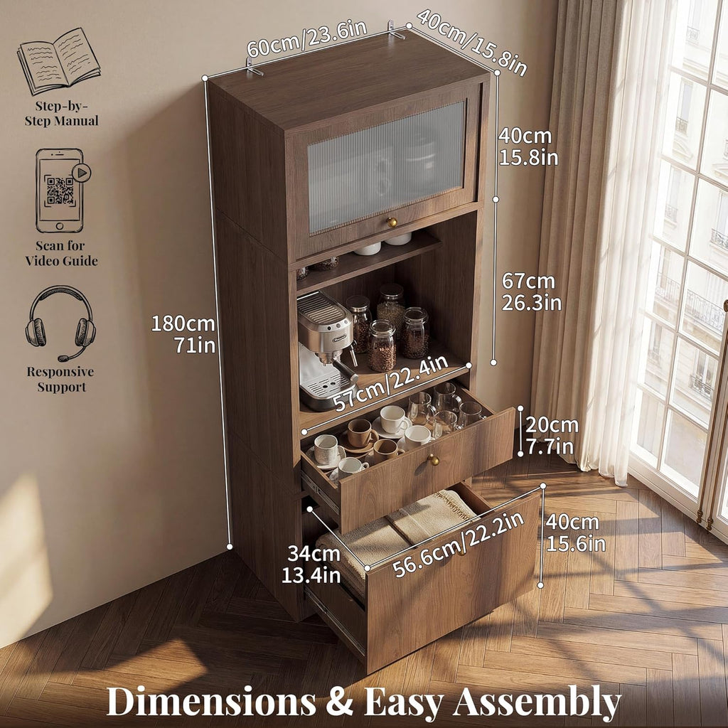 71" Tall Kitchen Pantry Cabinet with Fluted Door & Drawers, Walnut | Adjustable Shelves, Anti-tip Device, Freestanding, Spacious Kitchen, Bathroom Storage, Living Room, Modern Farmhouse Style