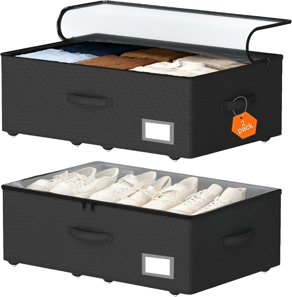 Under Bed Storage with Wheels, 2-Pack Under Bed Storage Containers with Clear Lids, No Assemble Required 10 inches Height, Rolling Underbed Storage Drawers Bins for Shoes, Clothes, Blankets, Toys