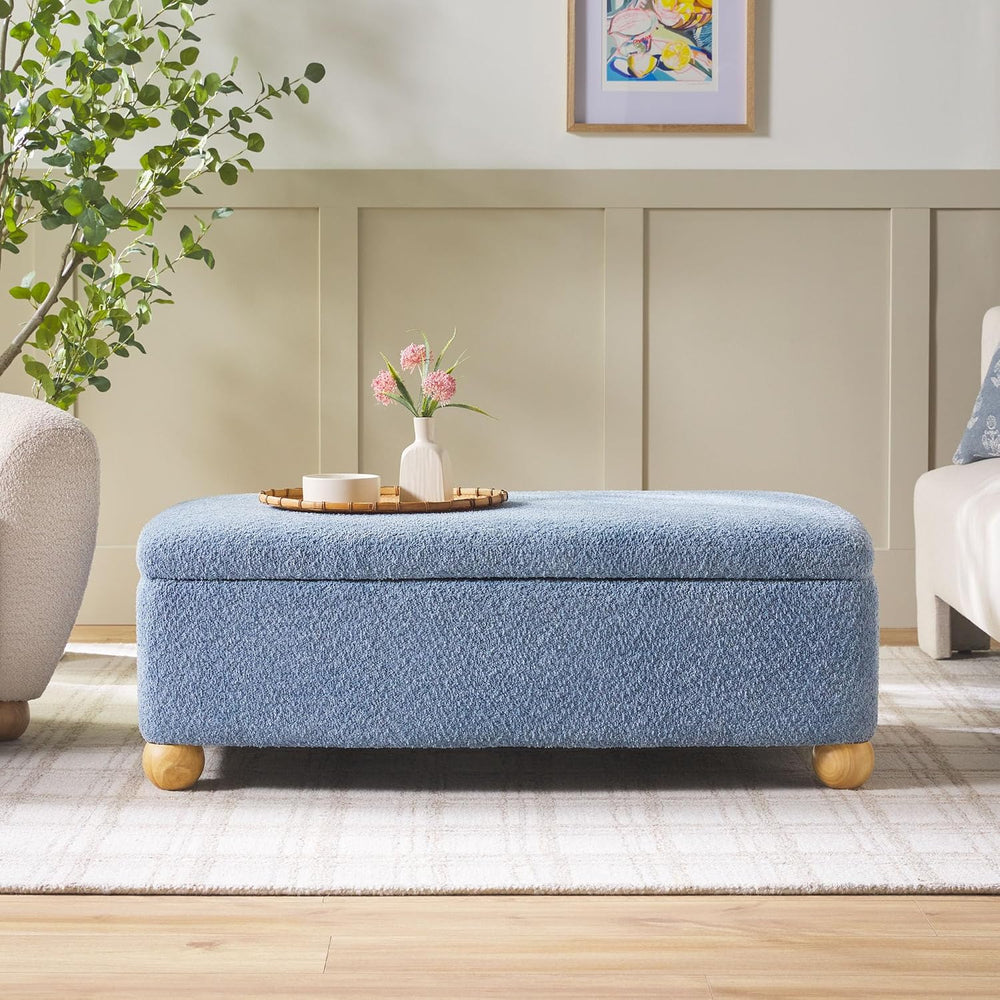 Walker Edison Linley Contemporary Large Storage Bouclé Ottoman with Wood Legs...