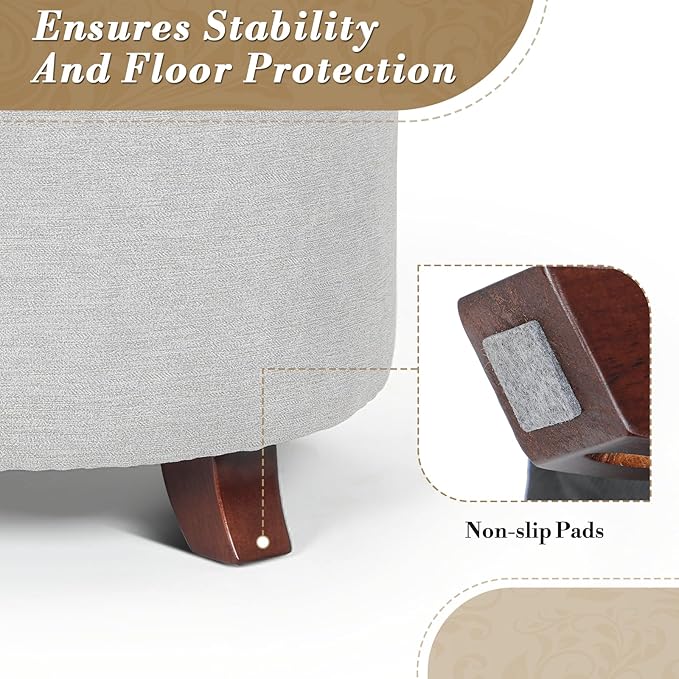 Athena Collection 24.5 Inch Small Ottoman with Storage, Round Linen Fabric Storage Ottoman Foot Rest with Removable Lid, Multipurpose Footstool Footrest for Livingroom, Bedroom, Dorm, Grey