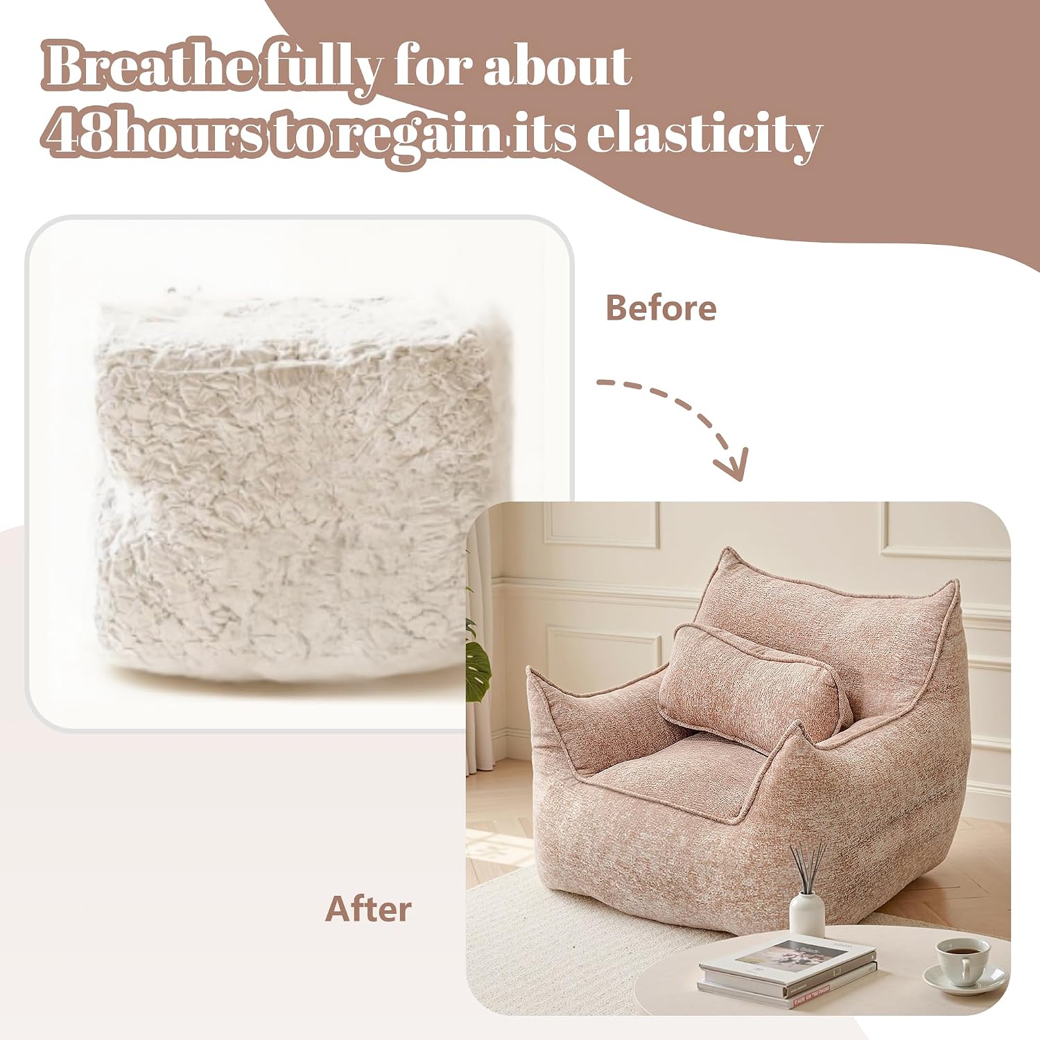 Bean Bag Chairs for Adults, Boneless Chair with Pillow for Bedroom, Khaki | Soft Foam Filled Floor Chair for Living Room, Bedroom, Lazy Sofa, Vacuum Packed Easy to Gift, 48H to Expand
