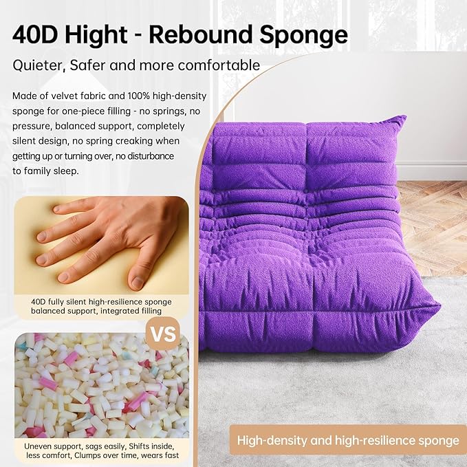 Bean Bag Chairs for Adults, Memory Foam Couch Loveseat Sofa Chair, Soft Teddy Material Cozy Comfy Reading Nook Chairs, Floor Chair for Living Room Bedroom Office(Purple)