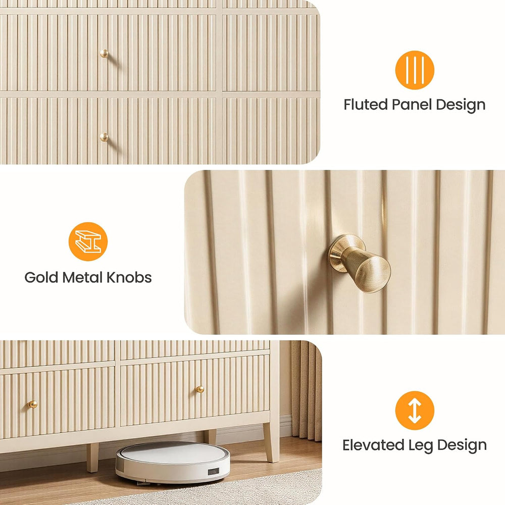 RoyalCraft Beige 6 Drawer Dresser, Fluted Modern Wood Chest of Drawers, Long ...