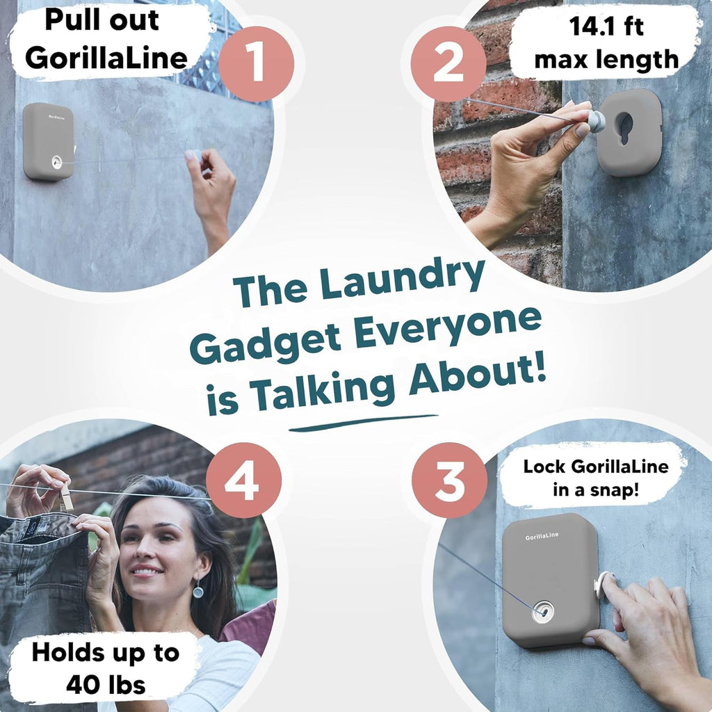 GorillaLine - Retractable Clothesline Indoor Outdoor Clothes Line - Heavy Duty Clothes Drying Laundry Line - Wall Mounted Drying Rack - Air Dry Clothing