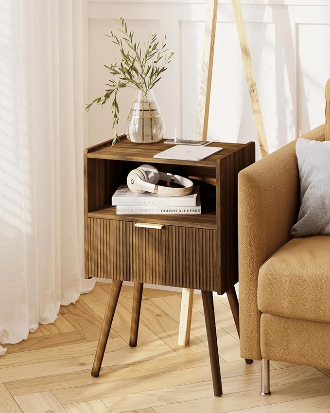 Nightstand with Outlet,Modern Bedside Table with Storage Drawer and Open Wood...