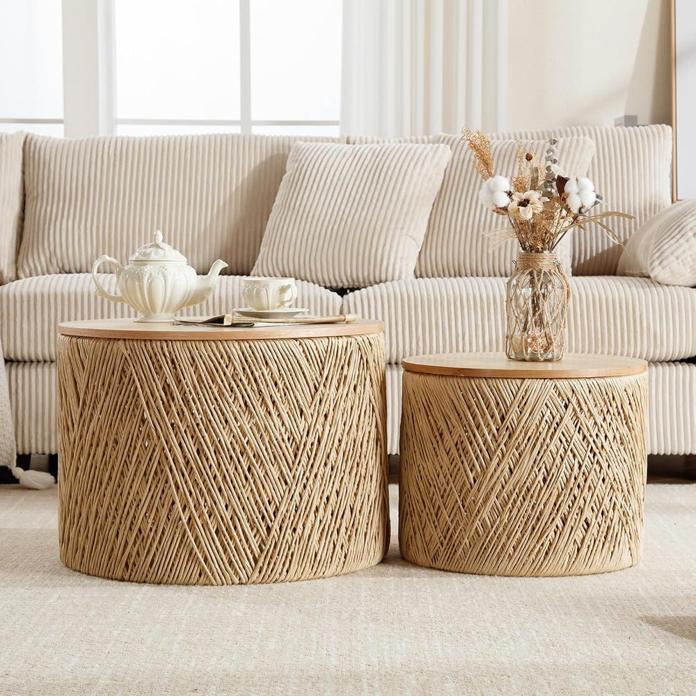 Kmax 24" Round Wood Nesting Coffee Table Set of 2 Handcraft Woven & ...