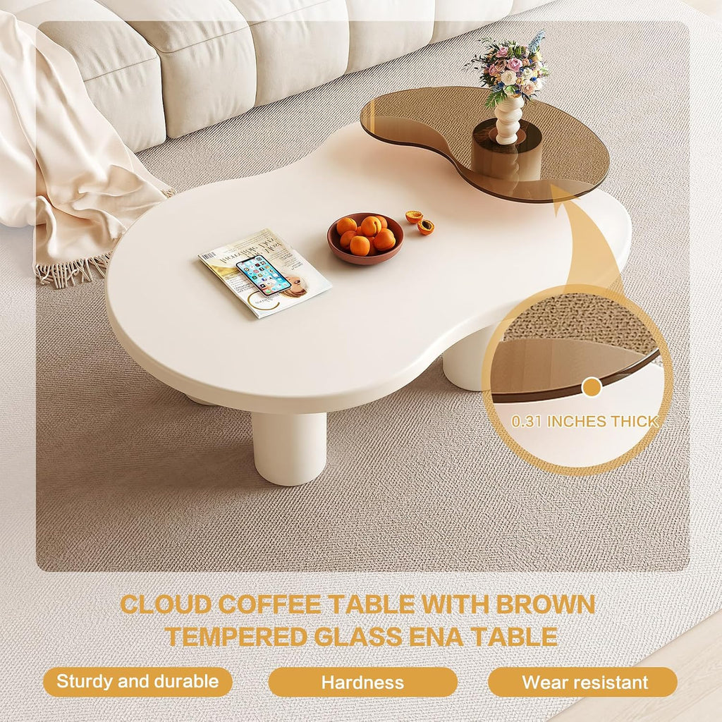 Modern Nesting Coffee Table Set of 2 Irregular Cloud Shape Cream White Center Table Space Saving eAccent Tables for Living Room Apartment Bedroom Office Minimalist Decor