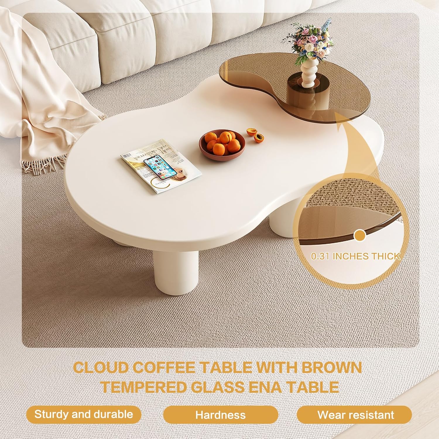 Modern Nesting Coffee Table Set of 2 Irregular Cloud Shape Cream White Center Table Space Saving eAccent Tables for Living Room Apartment Bedroom Office Minimalist Decor