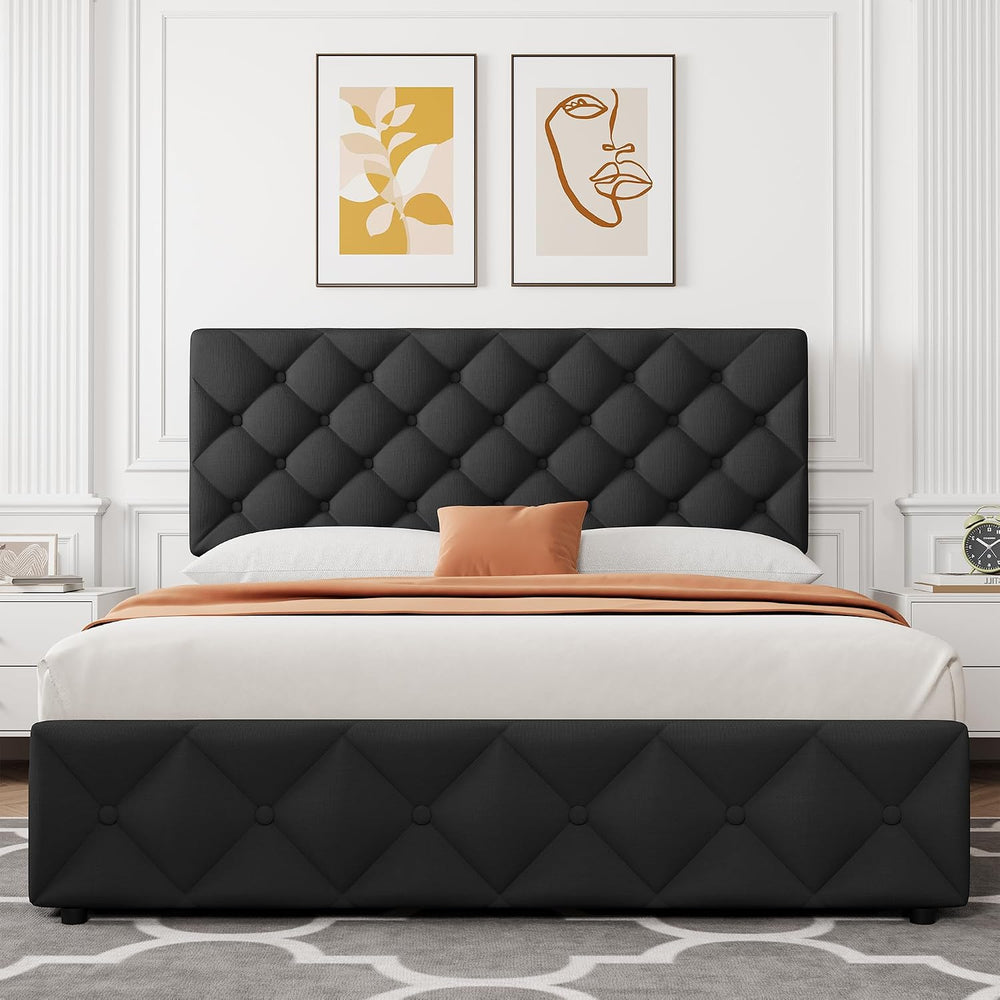 Queen Size Bed Frame with 4 Storage Drawers, Linen Upholstered Platform Bed F...