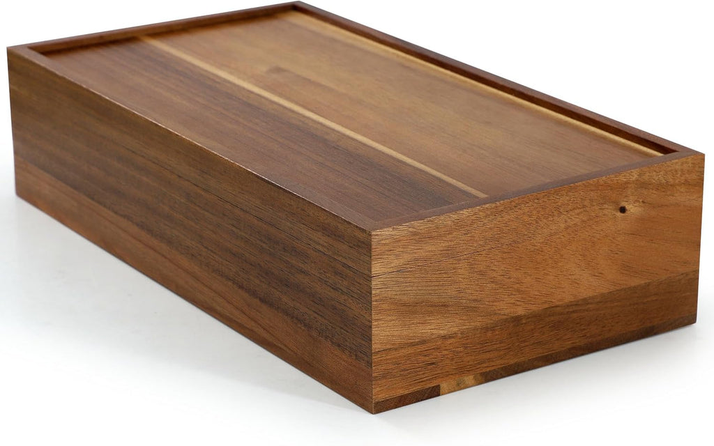 Elama Acacia Wood 14.25 x 7.5 Inch 10 Compartment Tea Box, Tea Bag Organizer, Magnetic Lid, Kitchen Storage