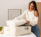 Soft Canvas Storage Bags with Zipper. Thick Breathable, 2pc King/Queen Comforter Organizer. Four Carrying Handles and Window. Large 25x19x9in Bag for Sheets Blankets Bedding Pillows, Clothes (Grey)