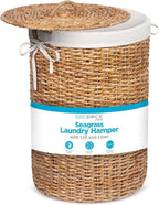 BIRDROCK HOME Seagrass Laundry Hamper with Lid & Liner - Handwoven Round Basket with Handles for Laundry/Dirty Clothes - Organizer, Storage, Shelves, Bin in Bathroom, Bedroom & Laundry Room - Natural