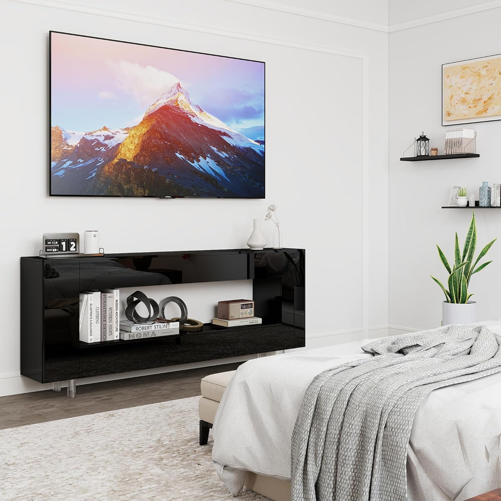 TV Stand TV Cabinet Up to 65 inch with Conceals Storage, High Gloss, Black | TV cabinet with 2 Push-Open doors and 2 drawers, entertainment center, storage cabinet, modern style, living room, office