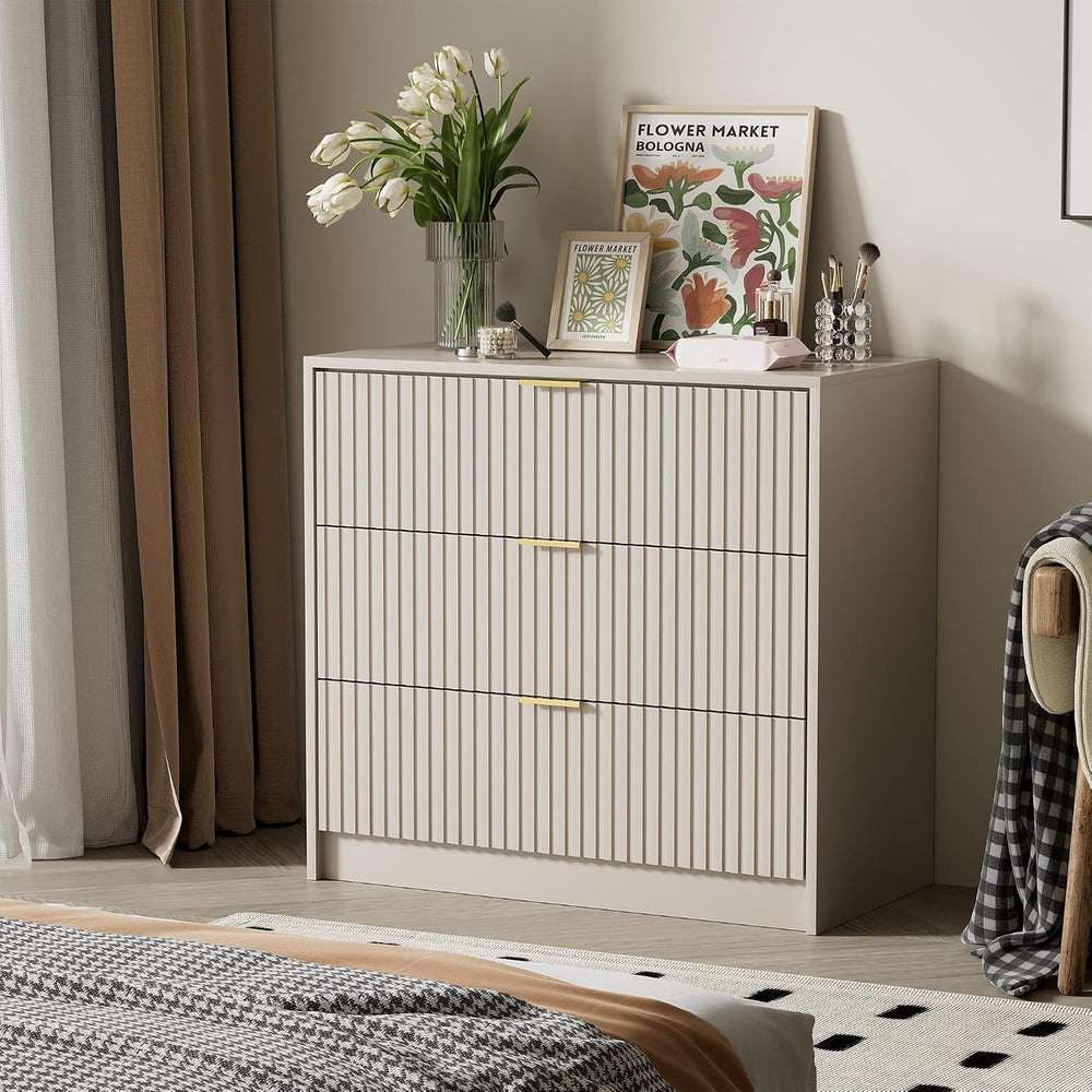 Beige 3 Drawer Modern Fluted Dresser for Bedroom with Gold Handles